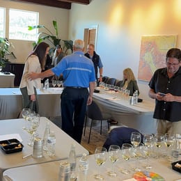 Wine glasses ready for tasting at competition