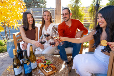 Group of men and women drinking Idaho wine on patio