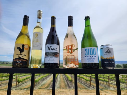 award-winning bottles of Idaho wines sitting on a ledge in front of vineyard