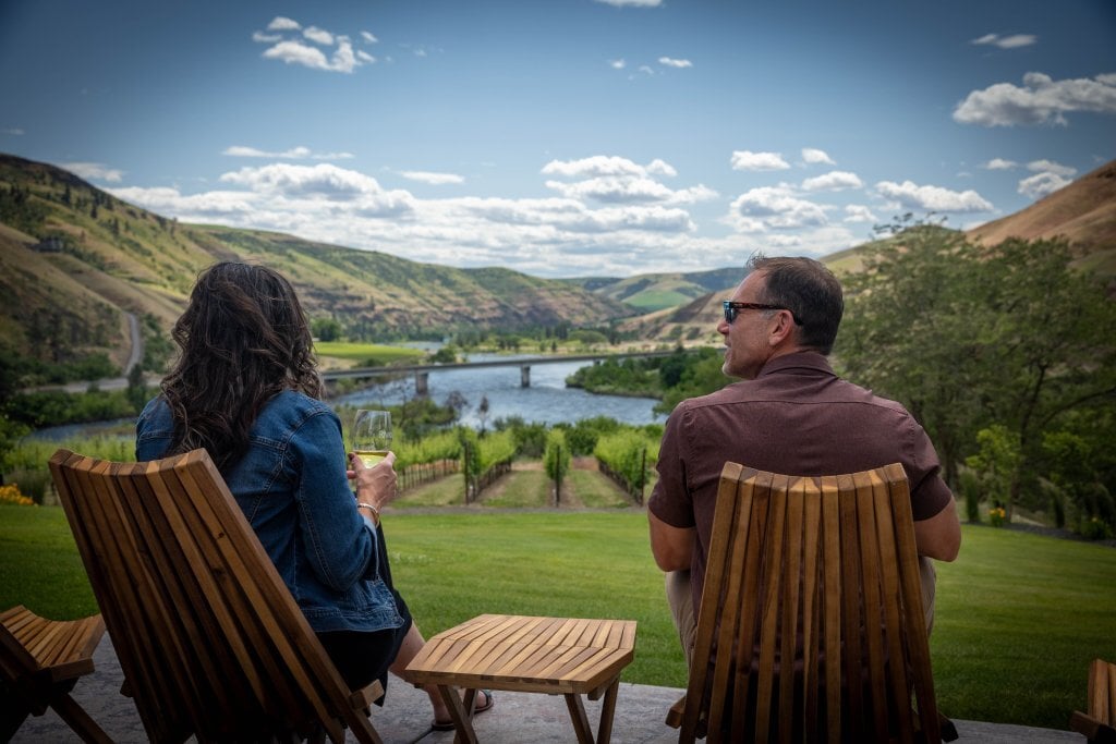 wine tasting on Rivaura patio overlooking river and canyons